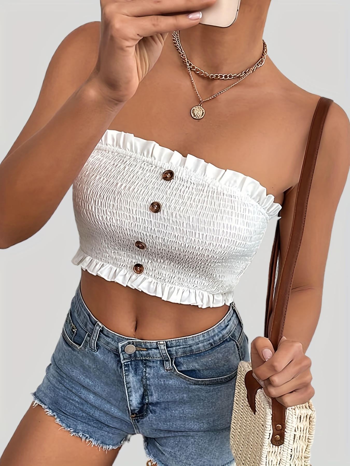 Lettuce Trim Shirred Crop Tube Top, Sexy Strapless Top For Summer, Women's  Clothing