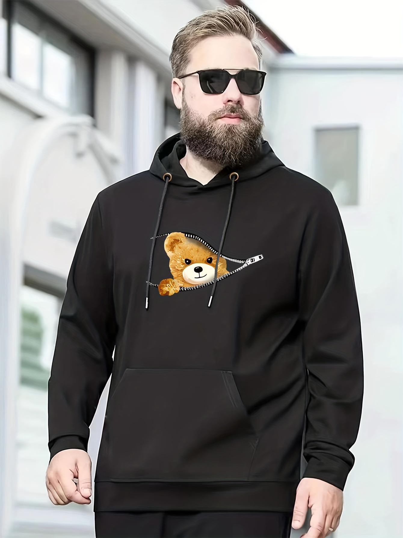 Plus Size Men's Bear Zipper Print Hooded Sweatshirt - Temu