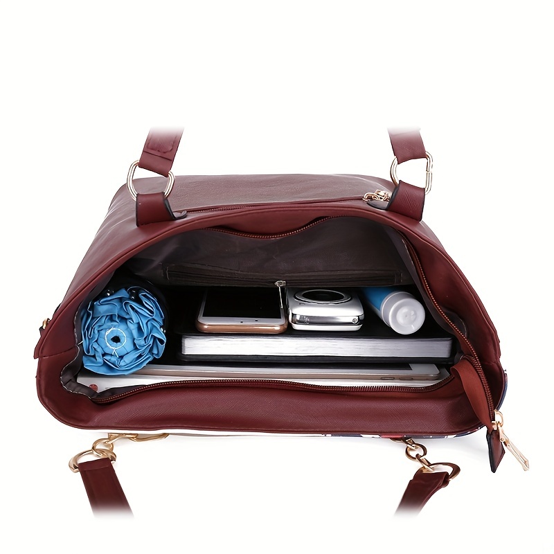 5pcs Flower Pattern Handbag Set, Vintage Tote Bag with Boston Bag & Crossbody Bag & Clutch Purse & Long Wallet,Temu
