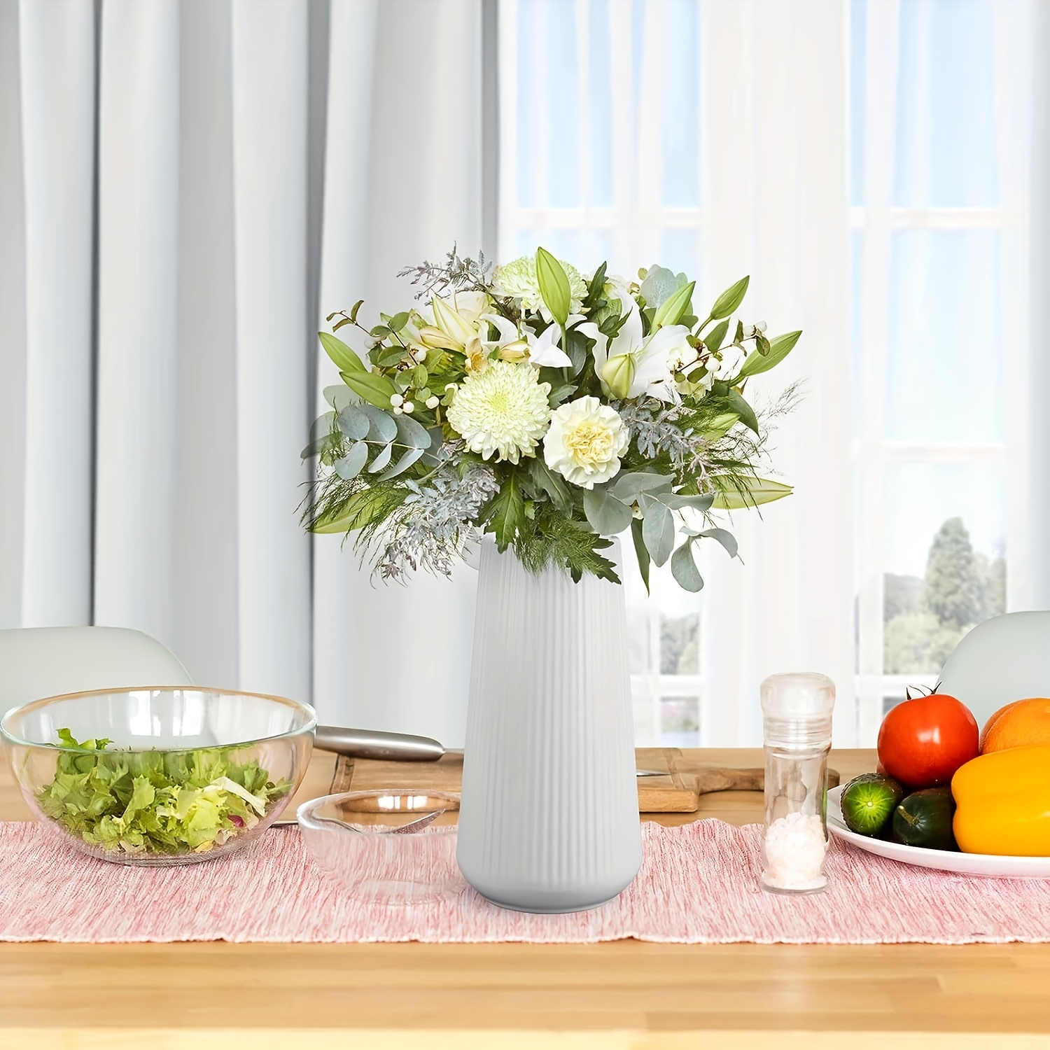 White Floor Vase , Decorative Table Ceramic Vase for Living Room, Stable Flower Holder with Wide Mouth for Home Décor Dried Flower Arrangement Ideal G