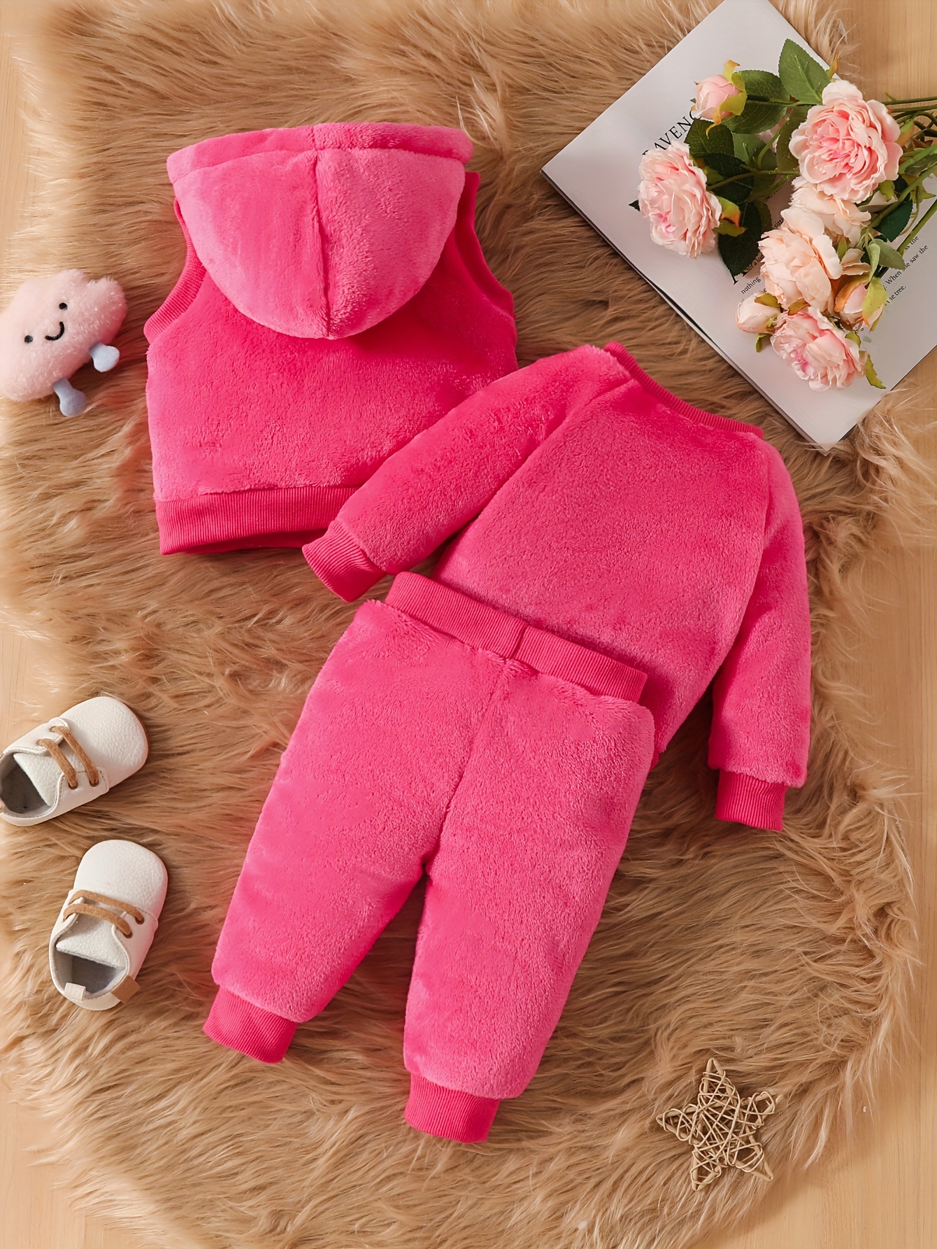 Cute Baby Girl Elephant Embroidered Plush Hooded Jacket, Plush Pants  3pcs Set, A Must Outfits For Winter Fall! Outdoor Clothing