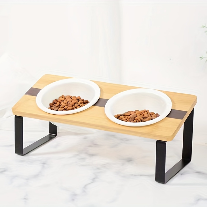 Elevated Ceramic Cat Double Bowls With Stand, Raised Tilted Bamboo Cat  Feeder Stand With Anti Vomiting Bowls For Food And Water - Temu