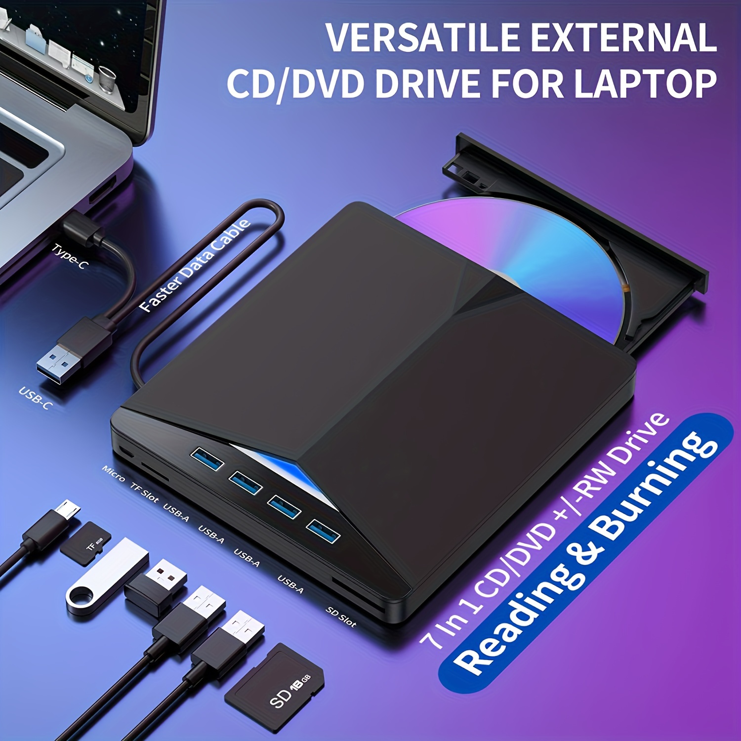 Lecteur CD/DVD Externe pour Ordinateur Portable, Ultra Mince USB 3.0 Type-C  Lecteur CD Lecteur DVD Externe Portable CD +/-RW Disque 