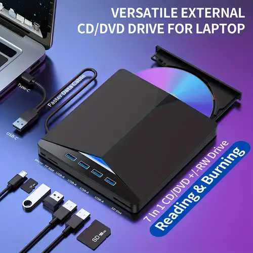 Lecteur de CD Externe, USB 3.0 Portable CD/DVD +/-RW Graveur Graveur de DVD/ CD ROM Compatible avec Ordinateur de Bureau Windows Linux OS Apple Mac  (Noir) 