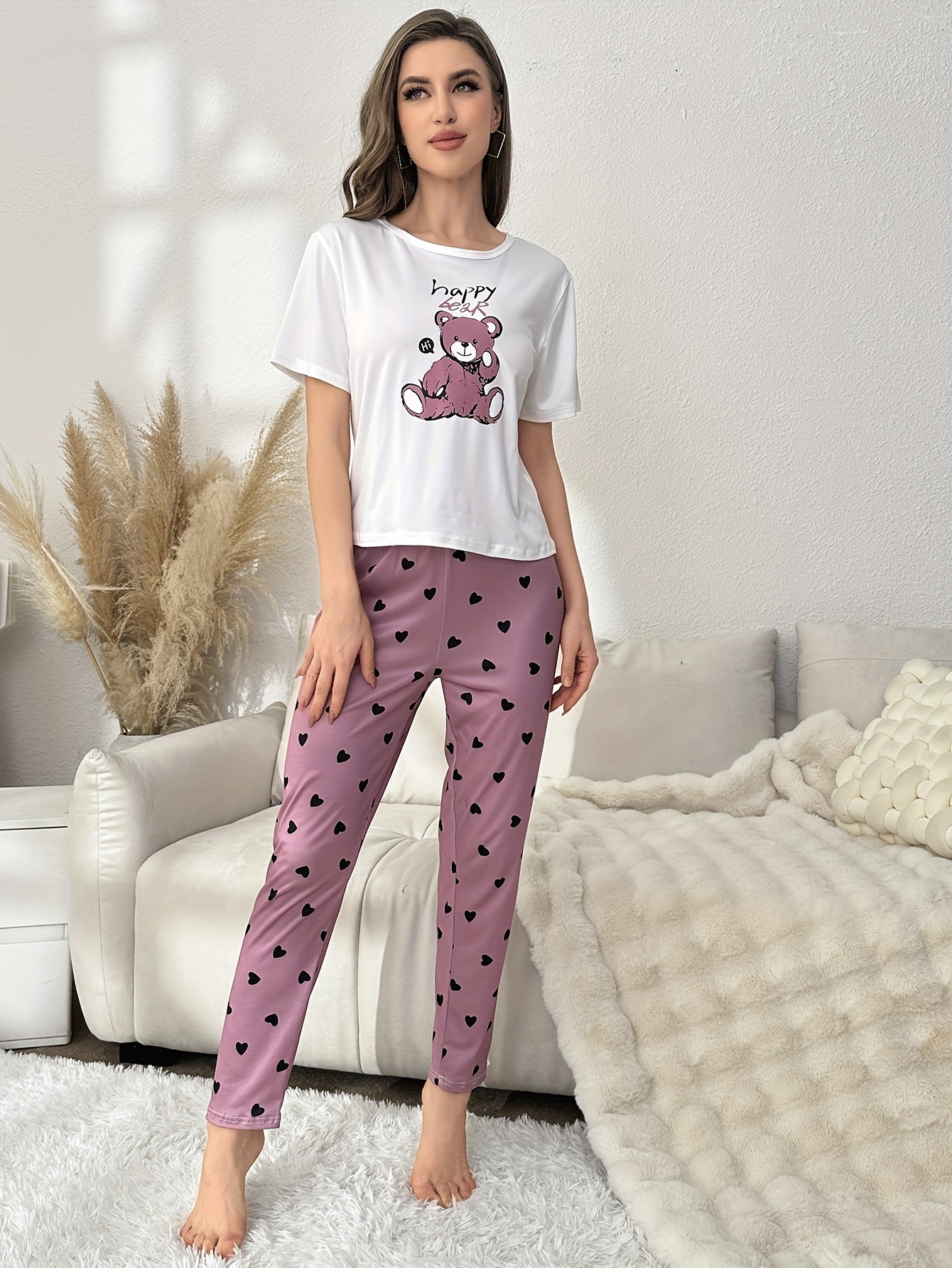 Women Pajama Set Cartoon Print Short Sleeve Tops+Pants Suit Sleepwear  Homewear