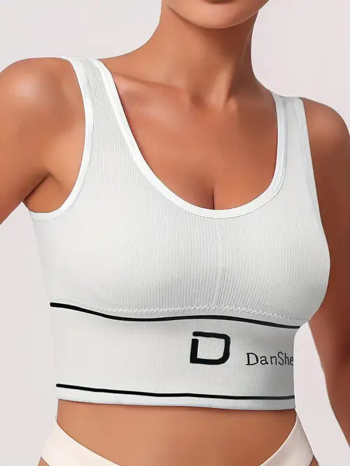 Women's Sports Bra Plus Size Letter Contrast Striped Scoop - Temu