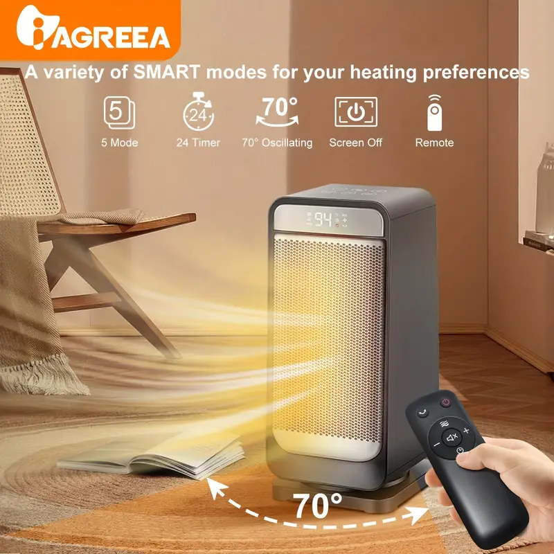 Iagreea Heater, Ceramic Heater,, Automatic Thermostat Timer, Portable  Electric Oscillation Heater, Adjustable Thermostat, Overheating And Tipping  Protection, Suitable For Indoor Use - Temu