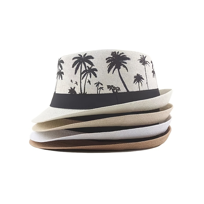 Retro Straw Fedora Hat For Men - Stylish Coconut Tree Print Sun