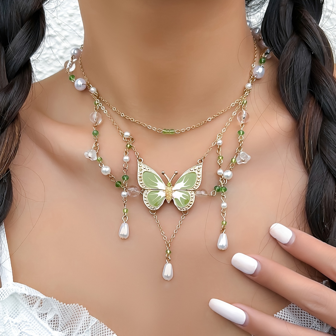 

Green Butterfly Imitation Pearl Pendant Layered Necklace, Personalized Creative Neck Jewelry, Simple Sweet Style Necklace For Women