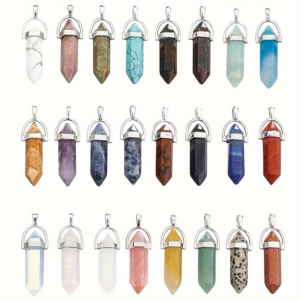24 Pcs Crystal Necklace Pendant, Hexagonal Crystal Clear Wire Wrap Gemstone Necklaces, Healing Crystal Pointed Quartz Stones Pendant Charms with