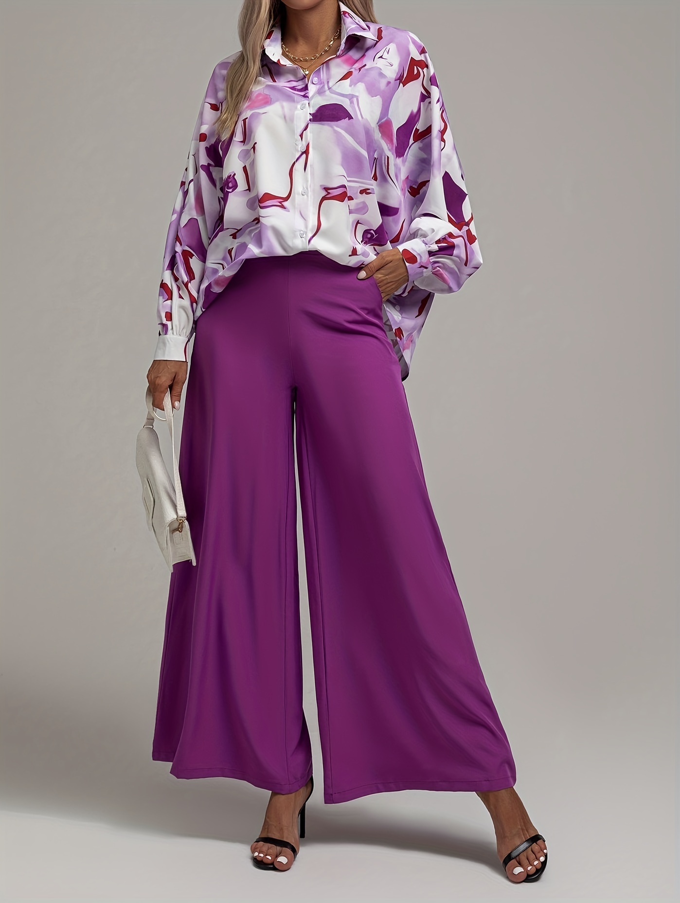 Elegant Two-piece Set, Allover Print Button Front Shirt & Solid High Waist  Wide Leg Pants Outfits, Women's Clothing