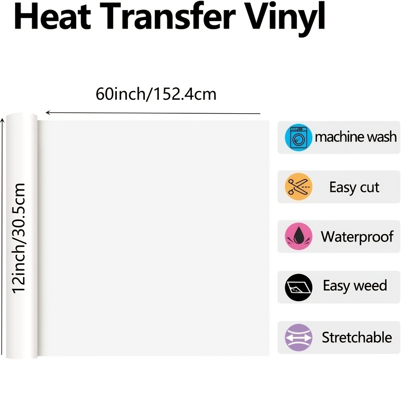 White Heat Transfer Vinyl Rolls - 12 x 10FT White Iron on Vinyl