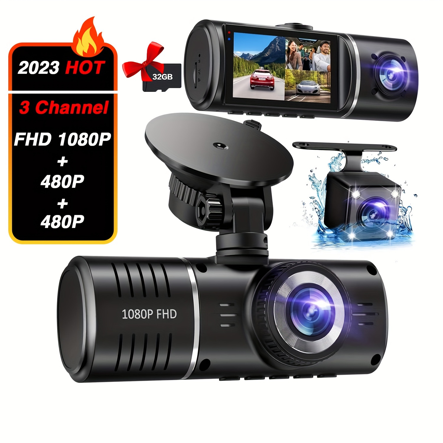 3 Kanal Dash Cam vorne und hinten innen, 1080p Dash Kamera für Autos,  Dashcam Drei-Wege-Auto-Kamera mit Ir-Nachtsicht, Loop-Aufnahme, G-Sensor,  Parki