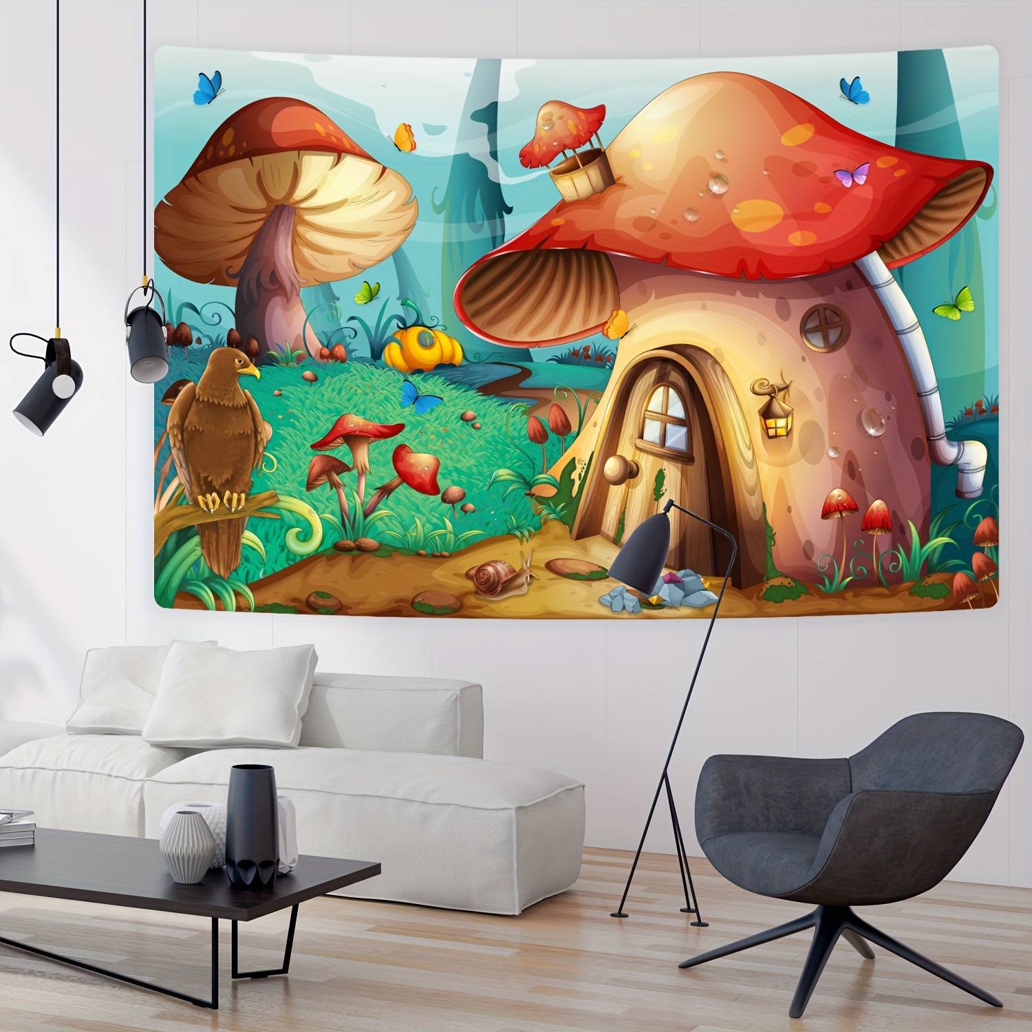Colorful Mushroom Tapestry Flying Bird Butterfly Tapestry Bedroom