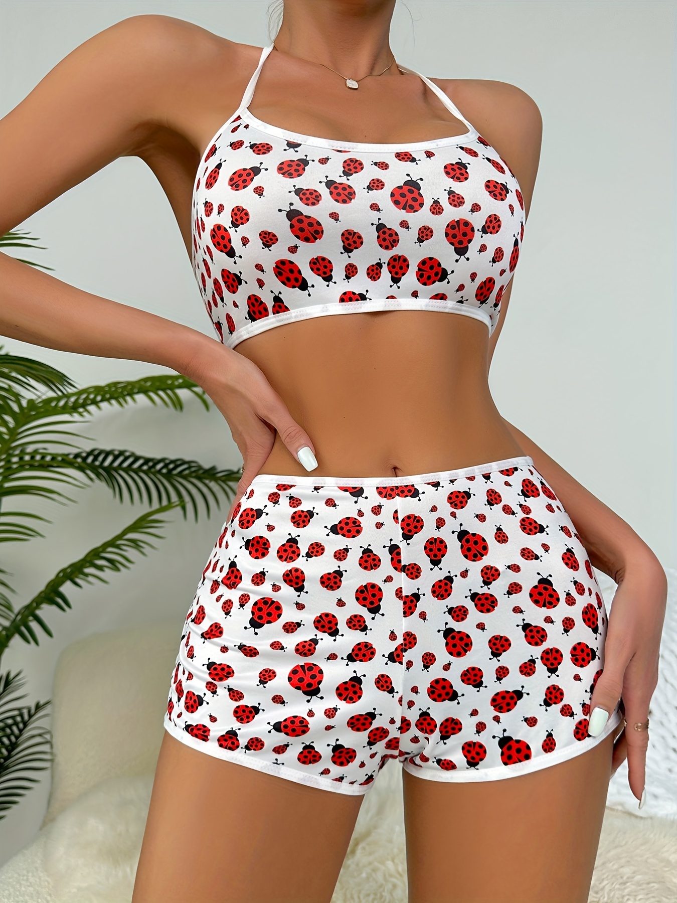 Ladybug Print Bra Panties Halter Lace Bra Boyshort Panties - Temu Canada