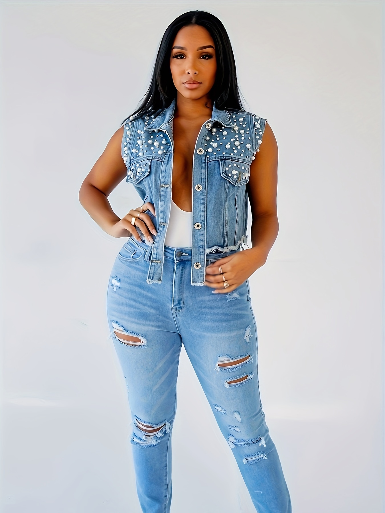 Jeansjacke Jeansweste Lang Damen Jeans Weste KOOSUFA Ovesize