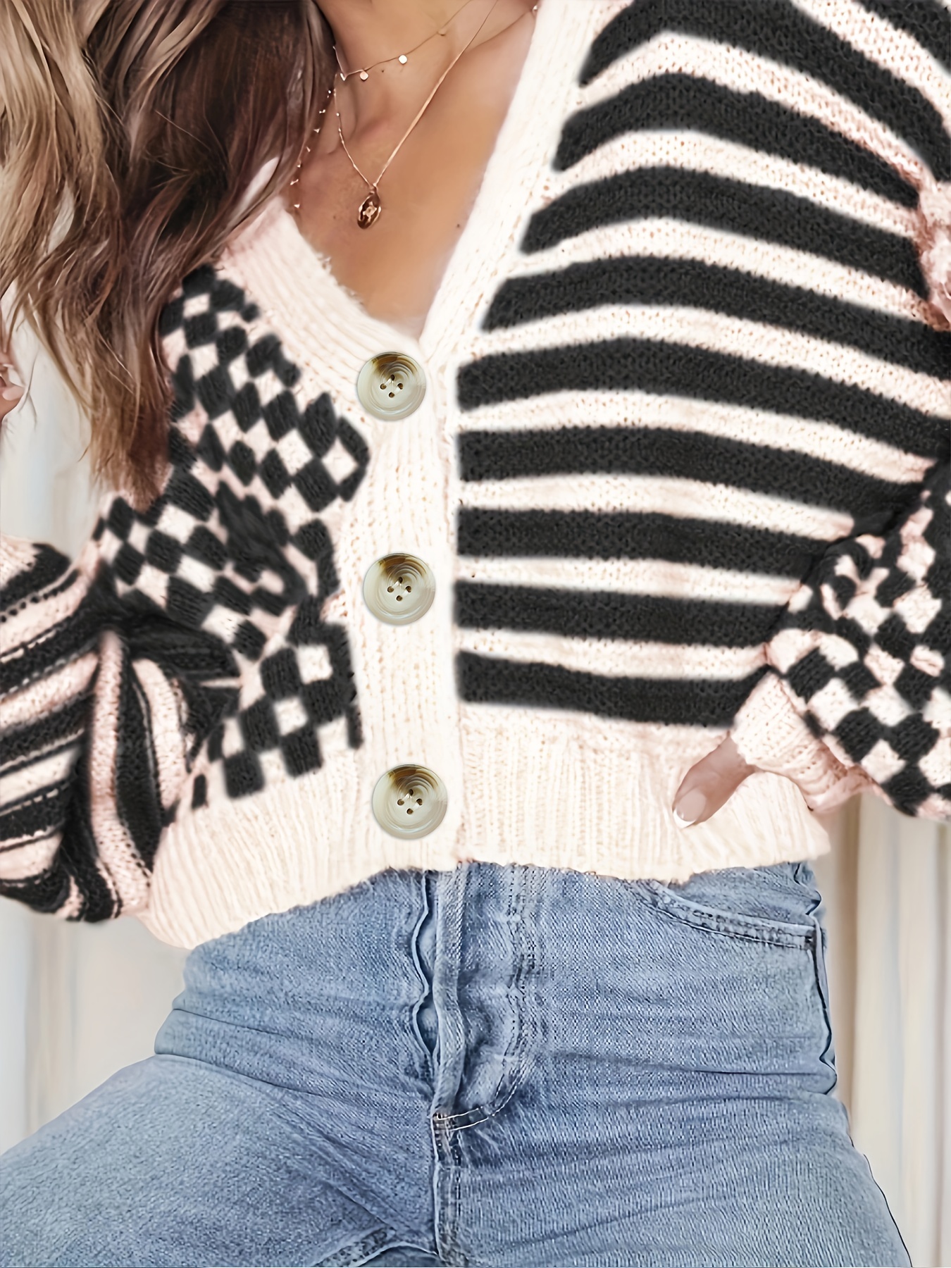 Striped plait-knitted cardigan