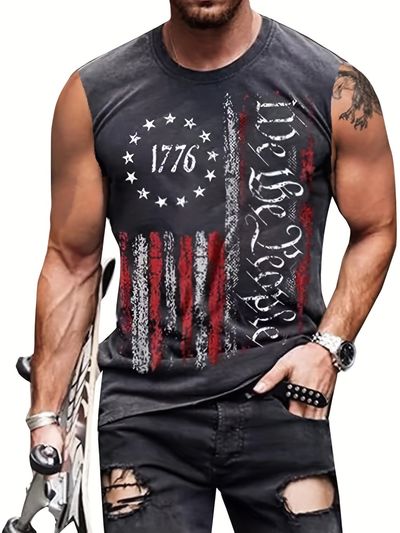 mens trendy sleeveless shirt for summer outdoor indoor casual american flag graphic slightly stretch crew neck tank top