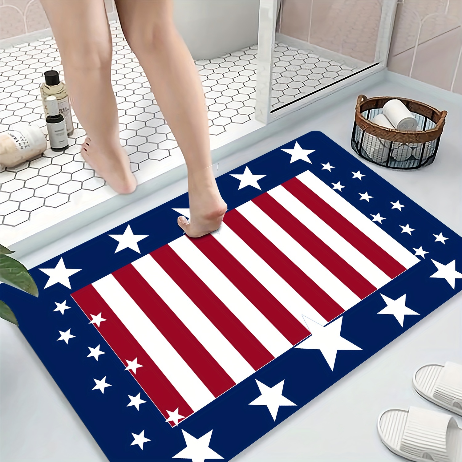 

1pc American Flag Non-slip Bath Mat, Stripe Star Royal Blue Area Rugs, Independence Day Bedroom Decor Mat, Bathroom Accessories, Home Decor, Aesthetic Room Decor