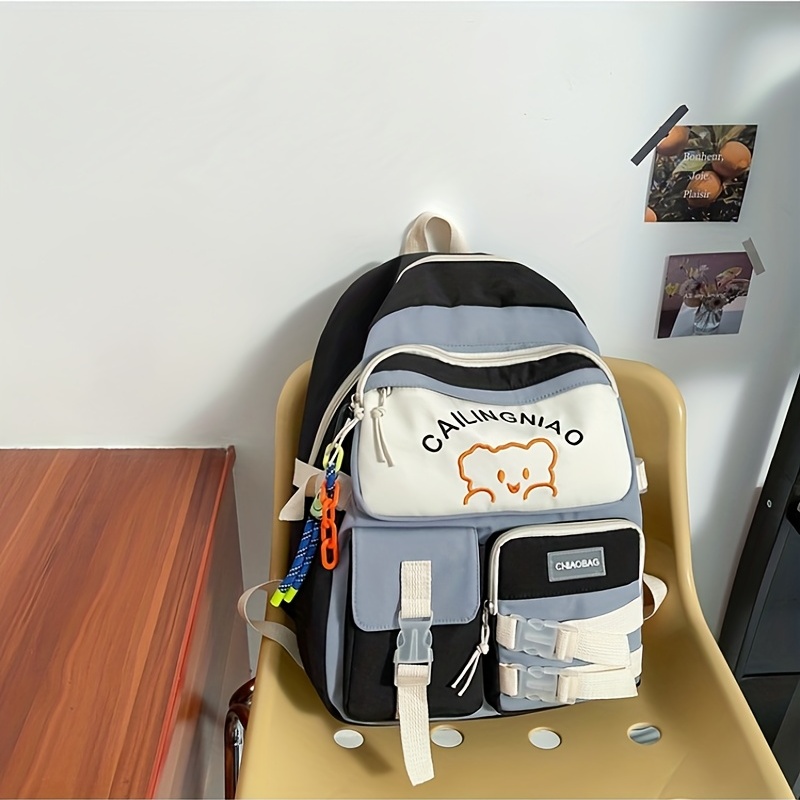 Cartoon Bear Pattern Colorblock Backpack School Storage Bag