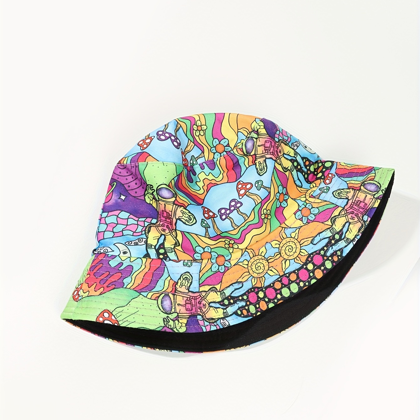 Hip Hop Mushroom Print Bucket Hat Black Cartoon Reversible - Temu