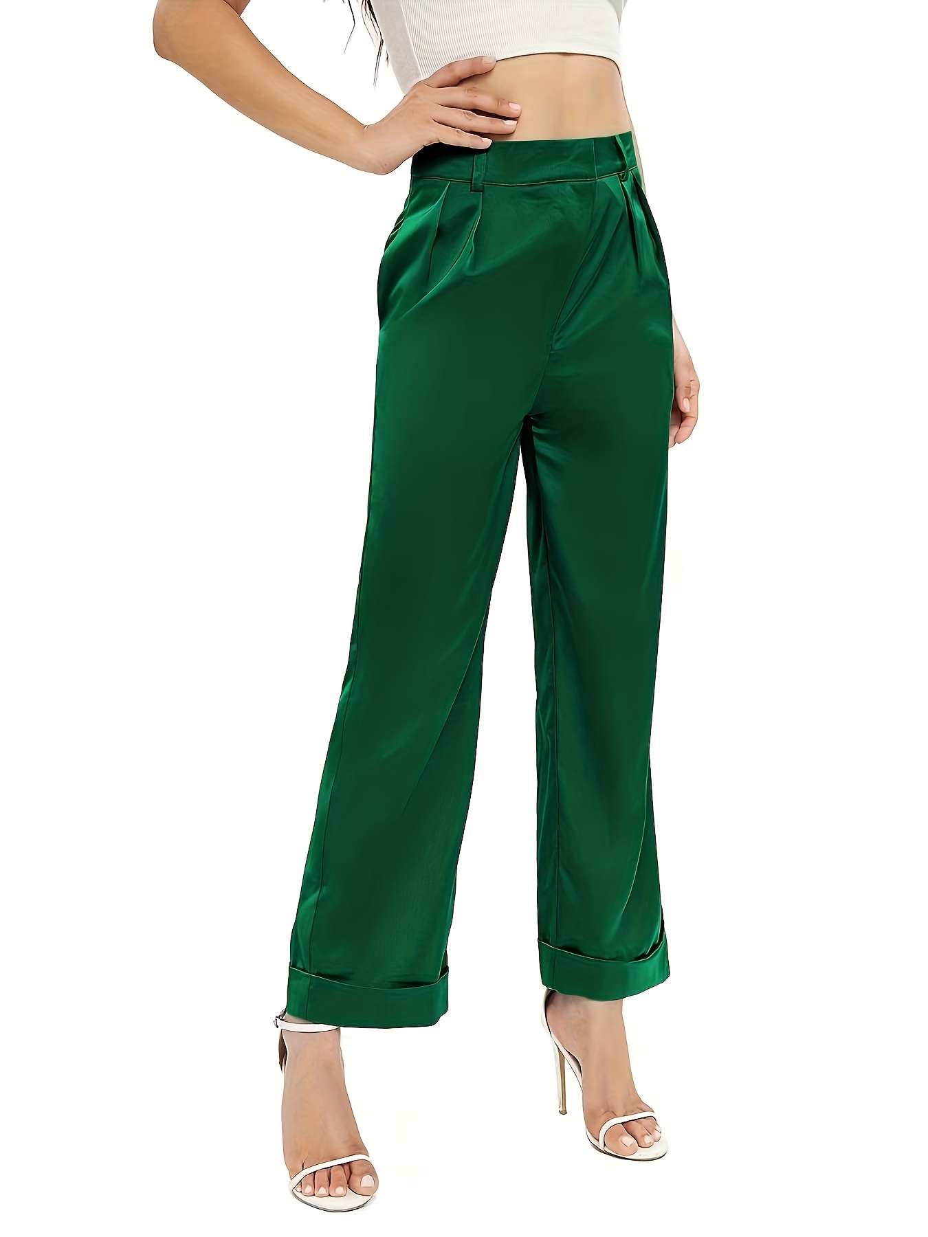 Women's Clothing - Satin Wide Leg Track Pants - Green