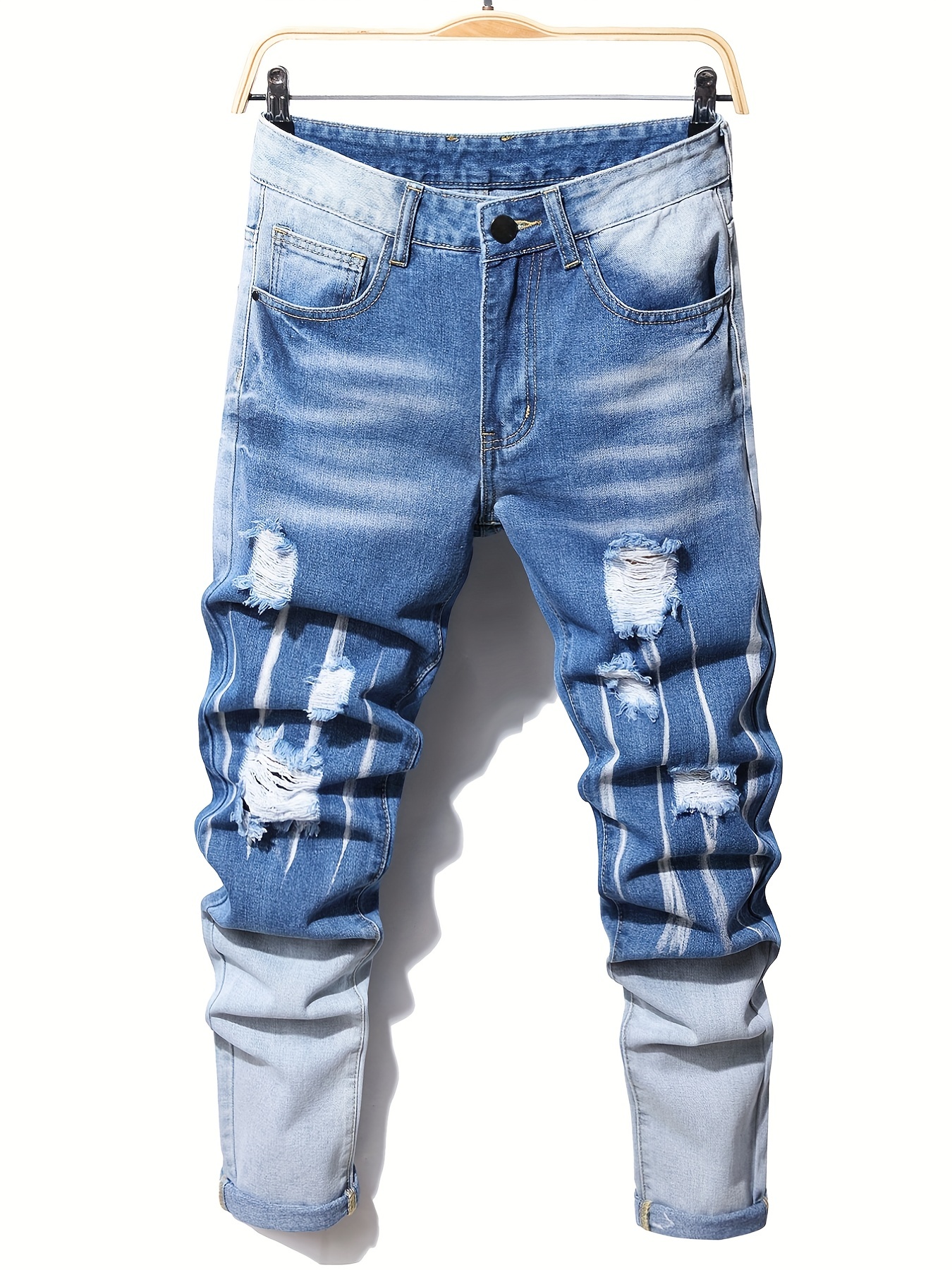 Jeans rasgados slim fit, calça jeans masculina casual estilo de