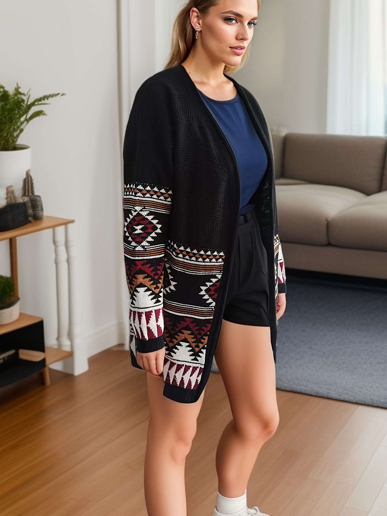 Aztec Pattern Open Front Cardigan Casual Long Sleeve Sweater