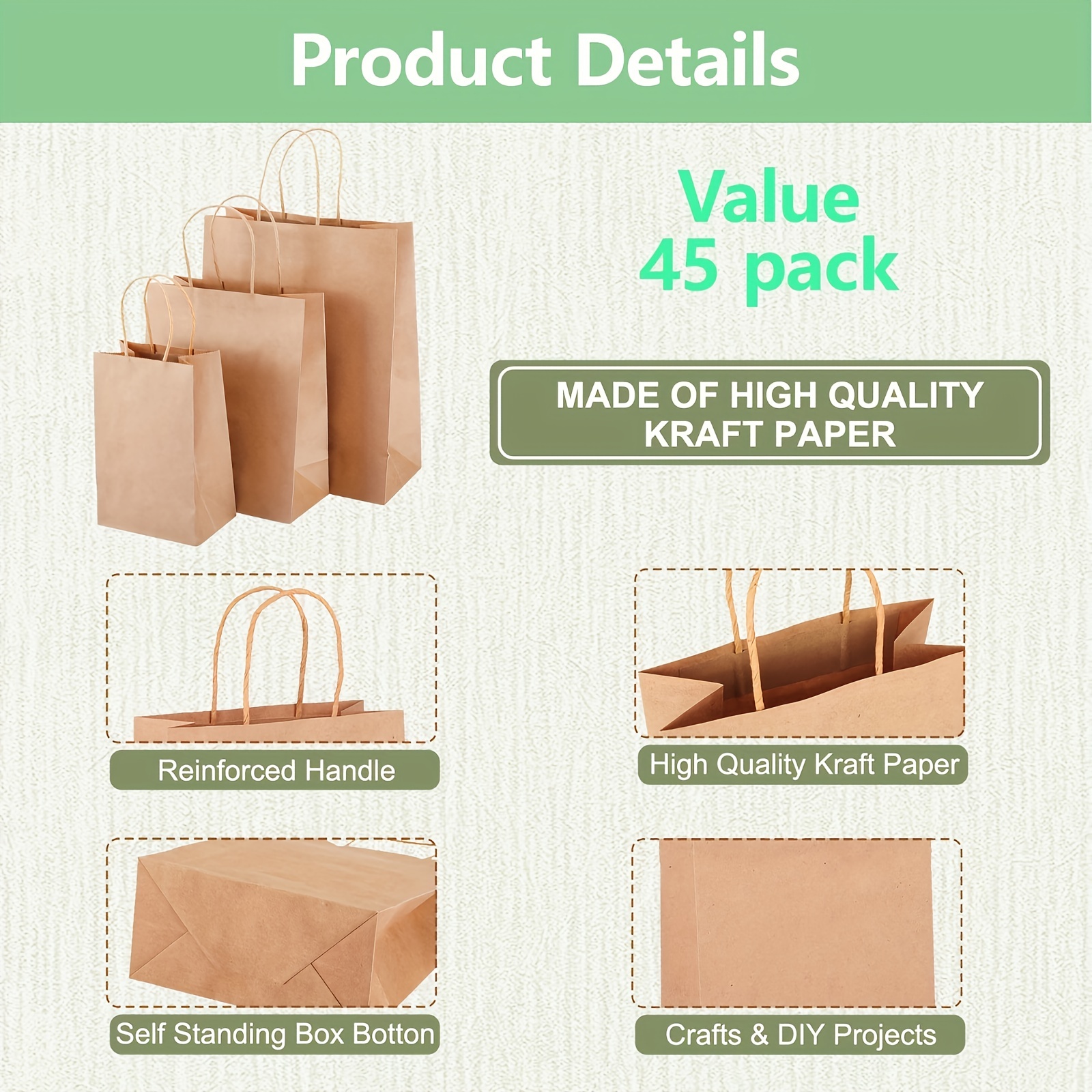 10X5X13 - 50 Pcs - Brown Kraft Paper Bags, Shopping, Mechandise, Party, Gift