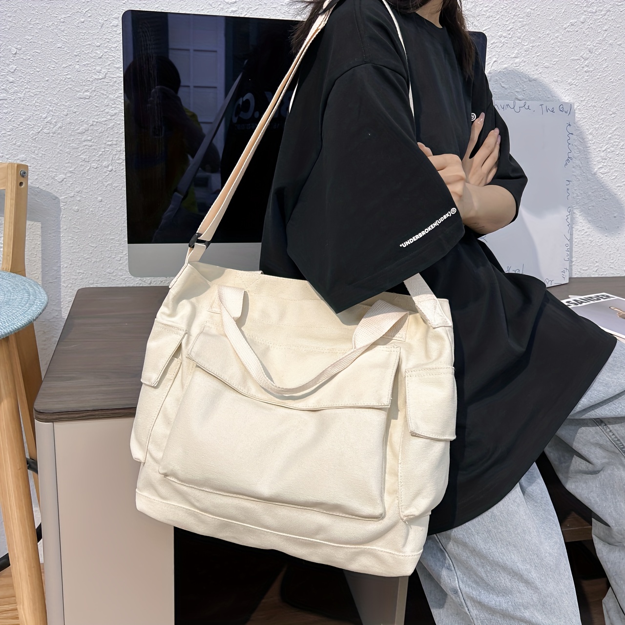 Crossbody bag student bag female dual-purpose ins Japanese style  large-capacity solid color canvas bag shoulder bag