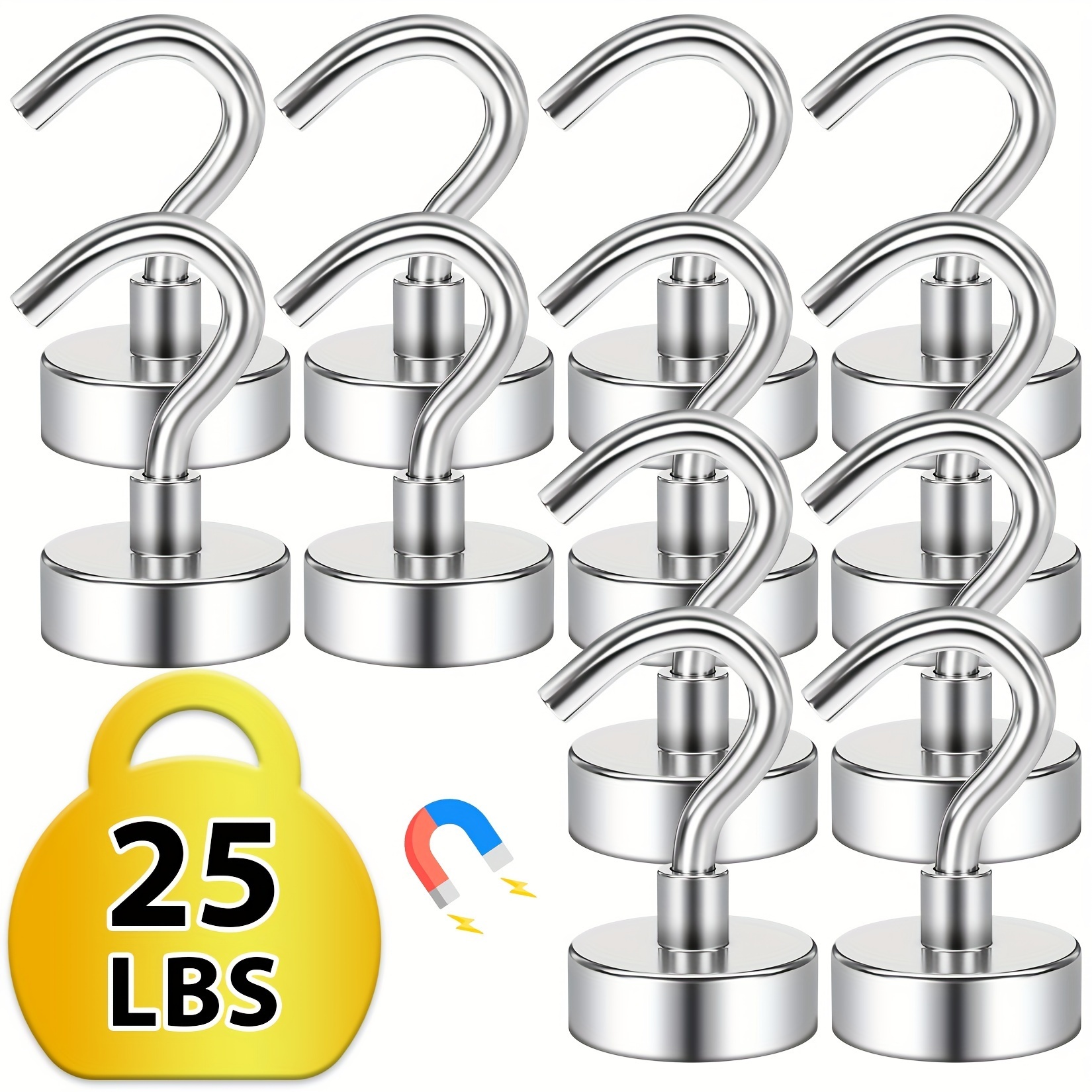 

3/6/12pcs, Heavy Duty Neodymium Magnet Hooks For Hanging, Refrigerator Magnets Round Metal - Strong 25lbs Magnets For Fridge, Home, Kitchen, Industry, Workplace, And Office