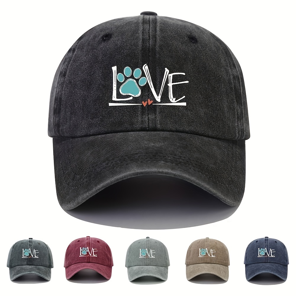 

Love Paw Printed Baseball Cap Washed Distressed Solid Color Unisex Dad Hats Lightweight Adjustable Golf Sun Hat For Women & Men