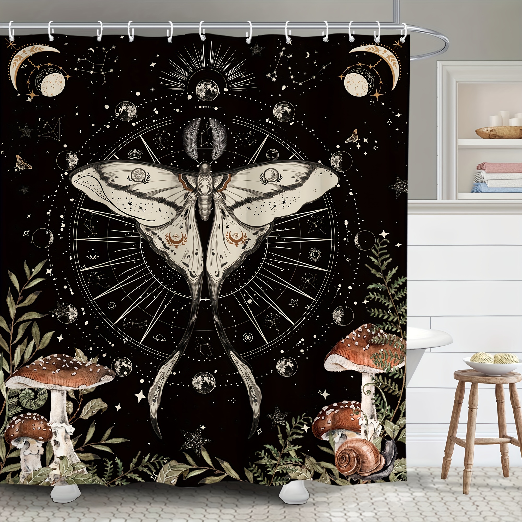 Butterfly Moon Pattern Shower Curtain with Hooks