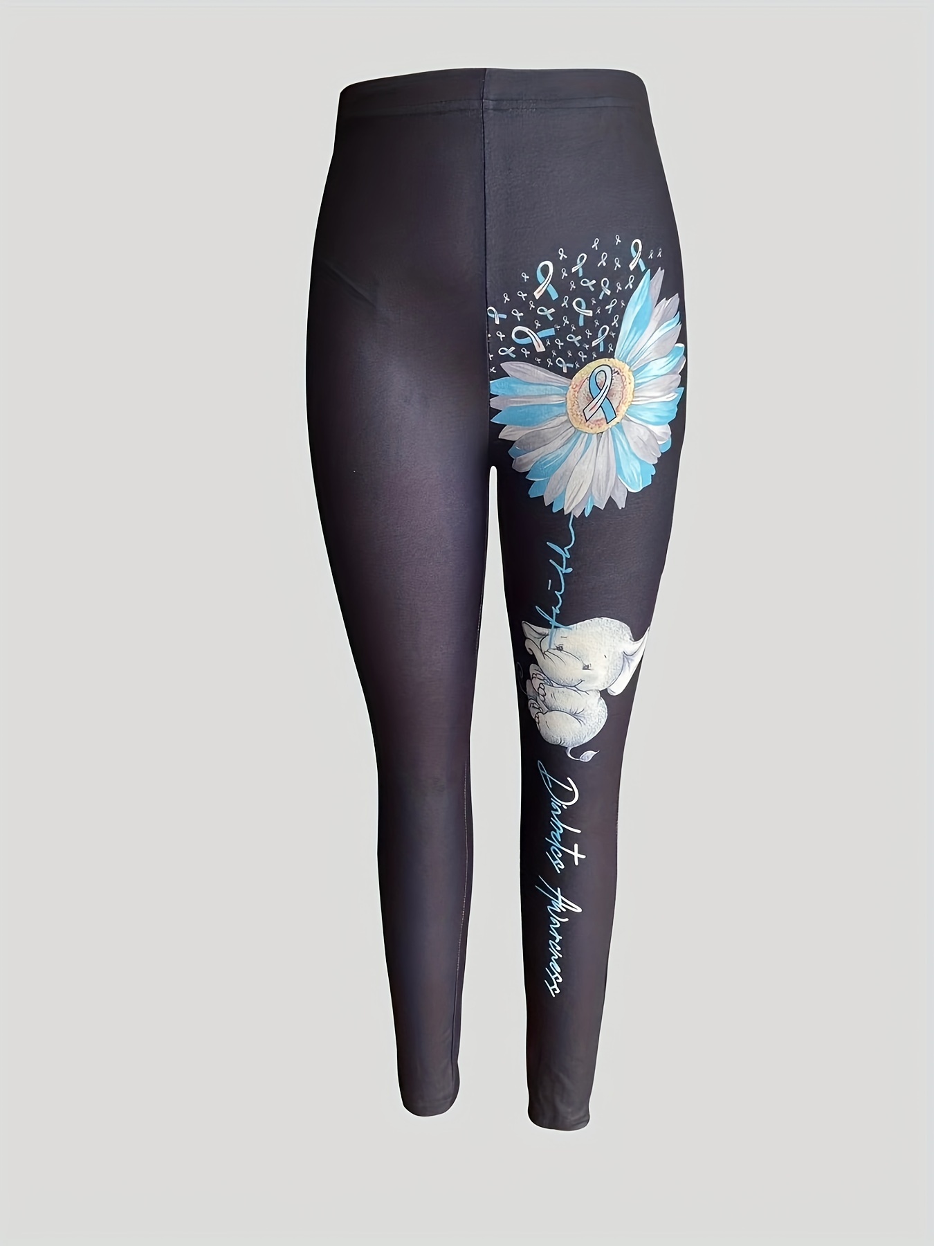 Sunflower & Elephant Print Skinny Leggings, Cute Every Day Stretchy Casual  Leggings, Women's Clothing