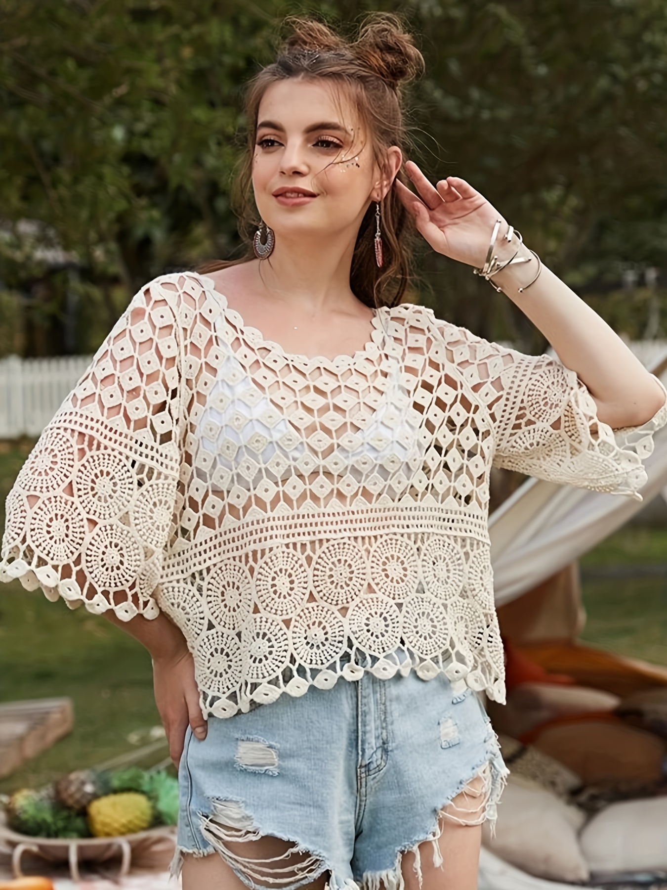 Crocheted Top - White - Ladies