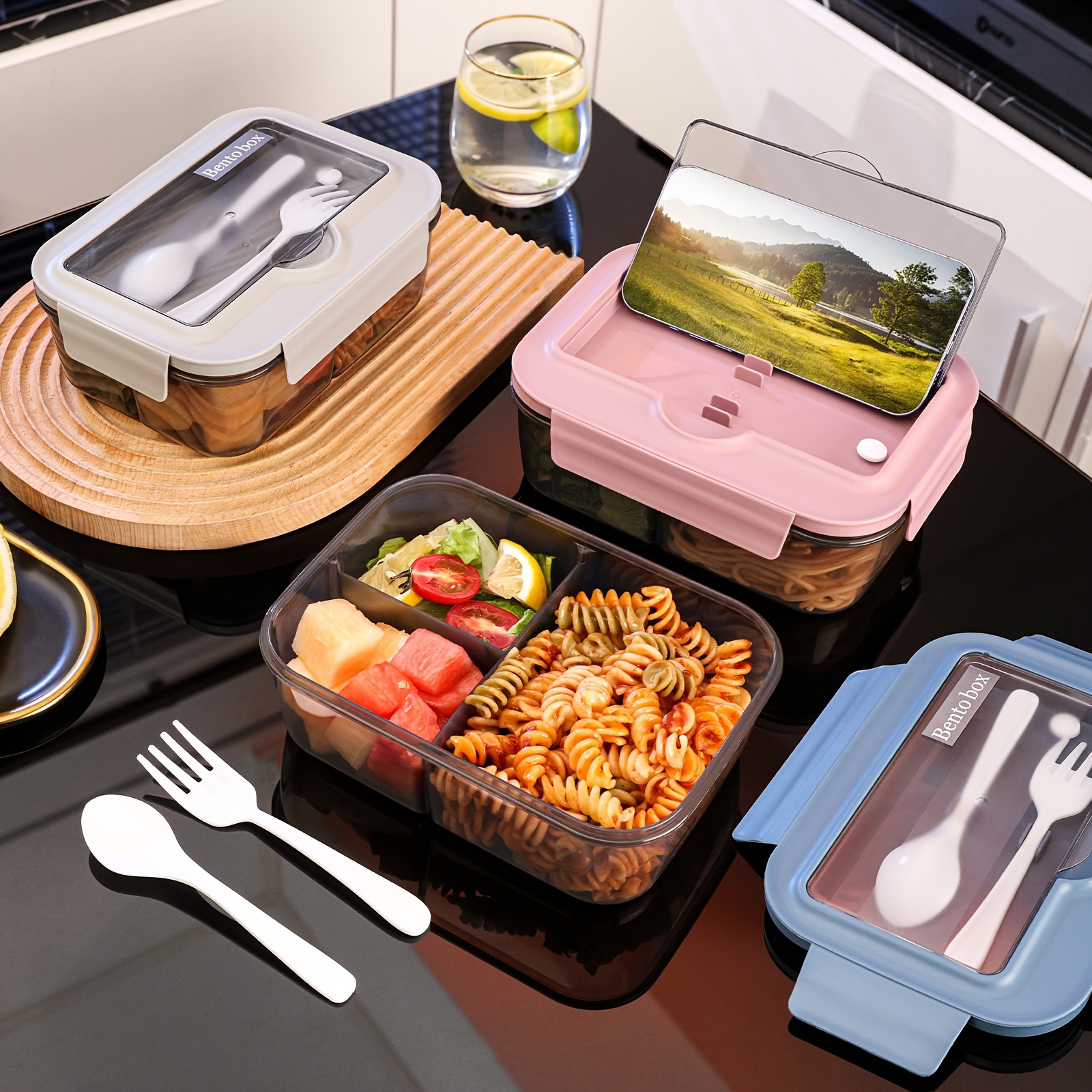 Multiple Colors Portable Bento Box With Lid Spoon And Fork - Temu