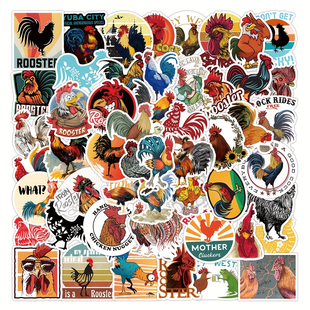 

50pcs Chicken Stickers Hen Rooster Waterproof Vinyl Decals For Water Bottles Bicycle Laptop Refrigerator Luggage Computer Mobile Phone Skateboard Bike Decoration