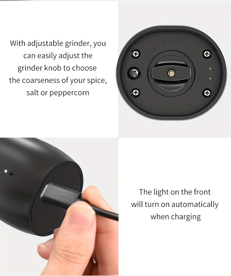 1 set portable two pack with charging base led light electric tool sea salt black pepper seasoning salt grinder with automatic adjustable grinding details 9