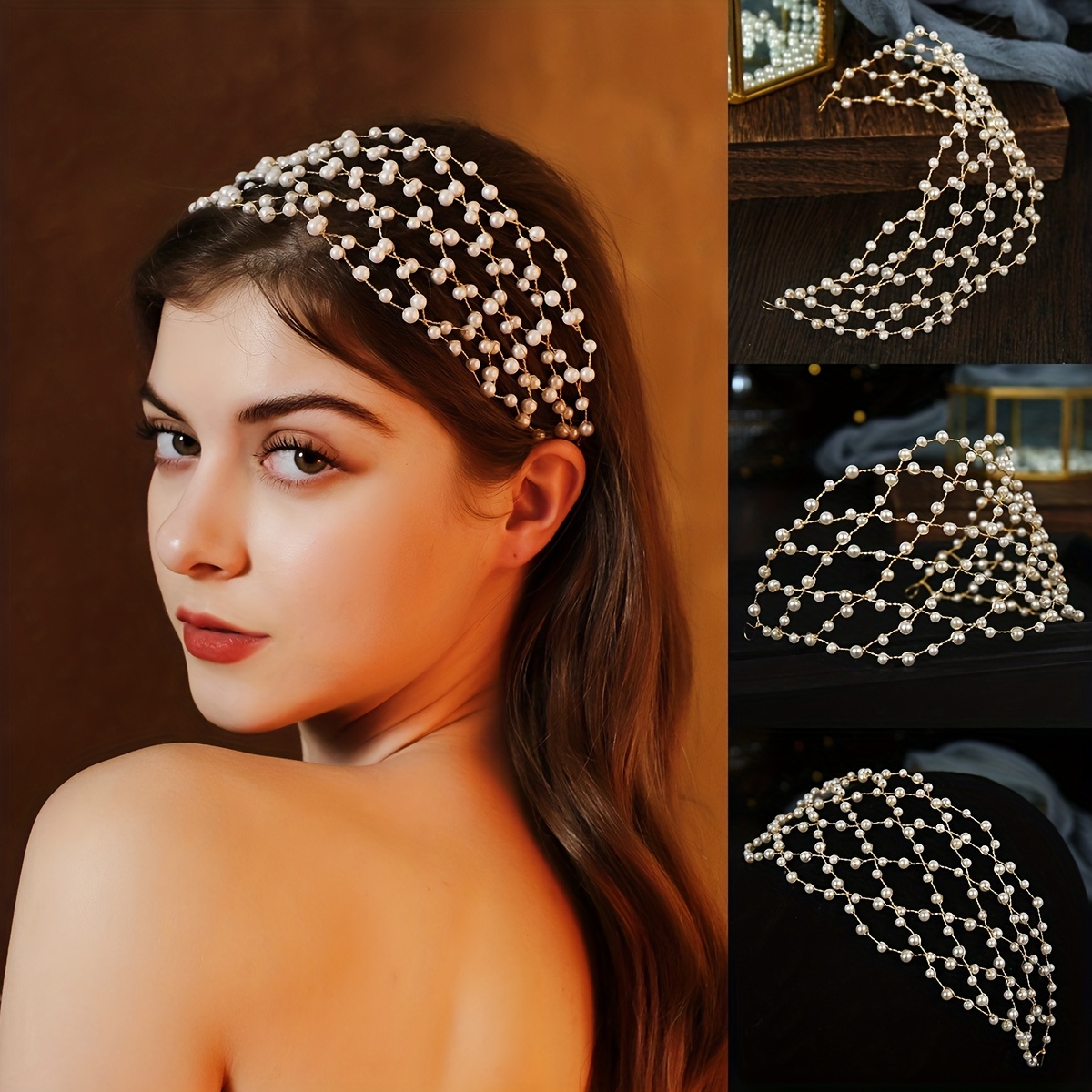Birdcage veil with thick white pearl beaded headband for fashion