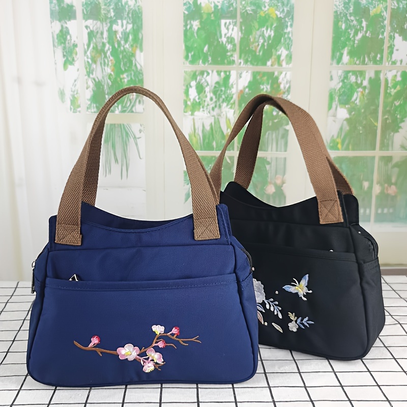 Stylish Floral Embroidered Handbag Trendy Zipper Canvas Bag - Temu
