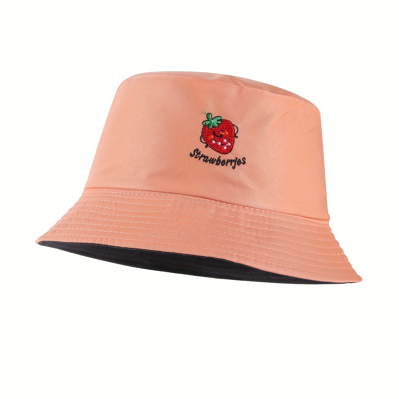 Strawberry Embroidery Bucket Hat Reversible Solid Basin Hat Sunscreen Travel