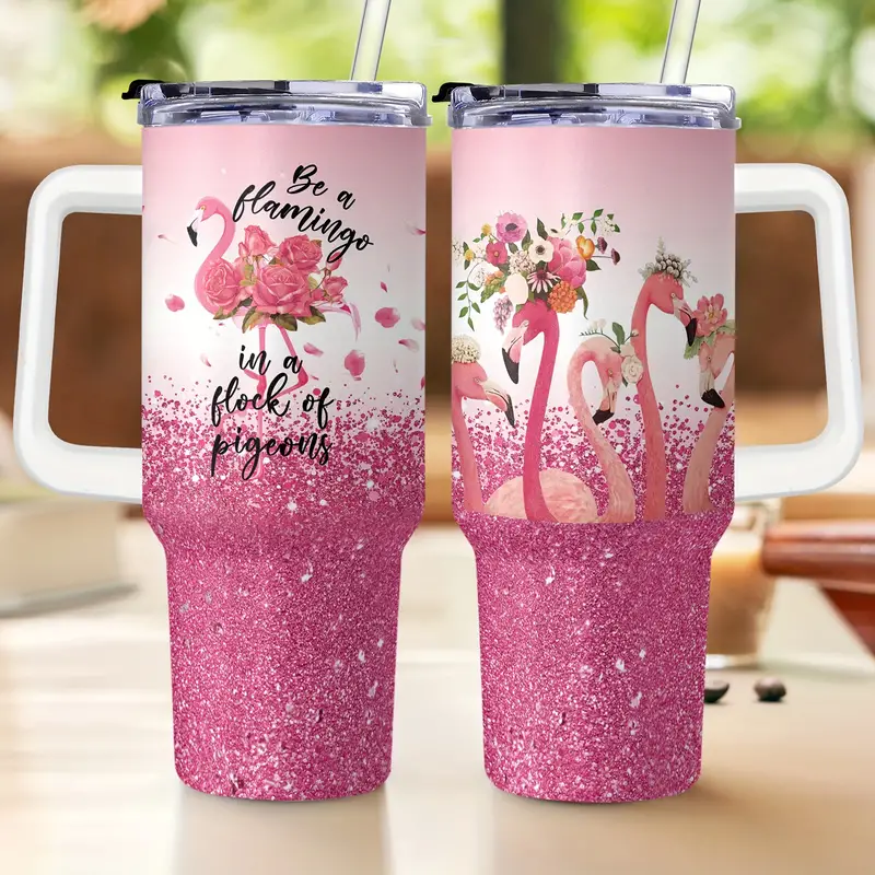 Flamingo Tumbler With Handle And Straw Insulated Cup Beverage