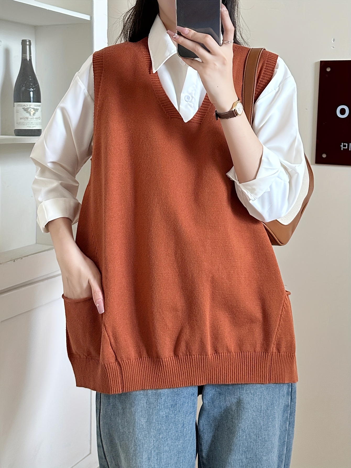 V-Neck Sleeveless Sweater Vest with Pocket