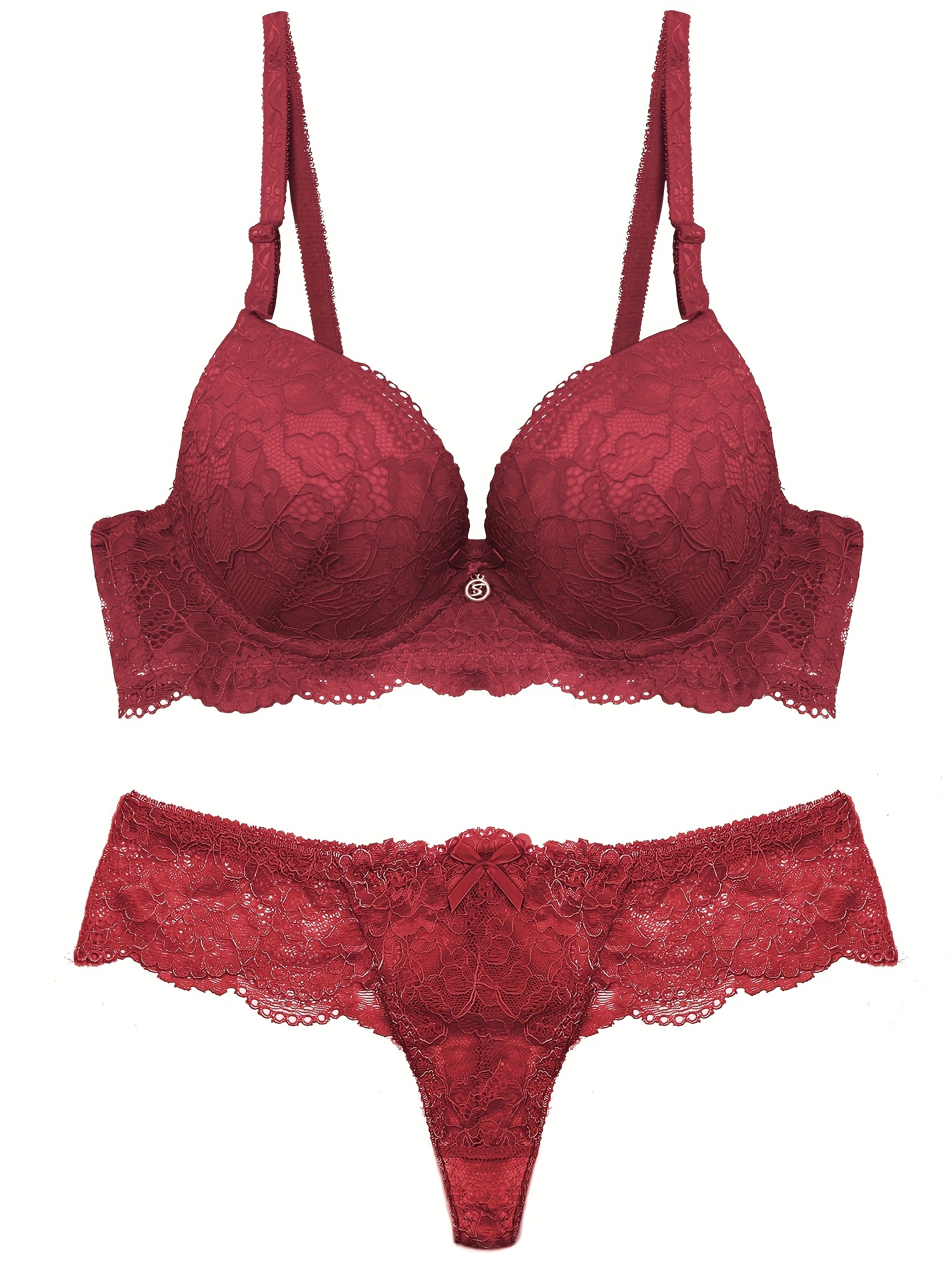 Foto de Beautiful, sexy red lace bra with panties, white beads and heart  shape chocolates in box. Underwear set gift for woman from beloved.  Romantic lingerie for Valentine's day temptation. Erotic concept.