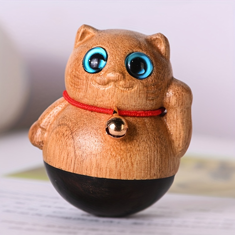 Cat Wooden Figurine Mini Desktop Ornament Cat Figurine Tumbler Wood Carved  Cat