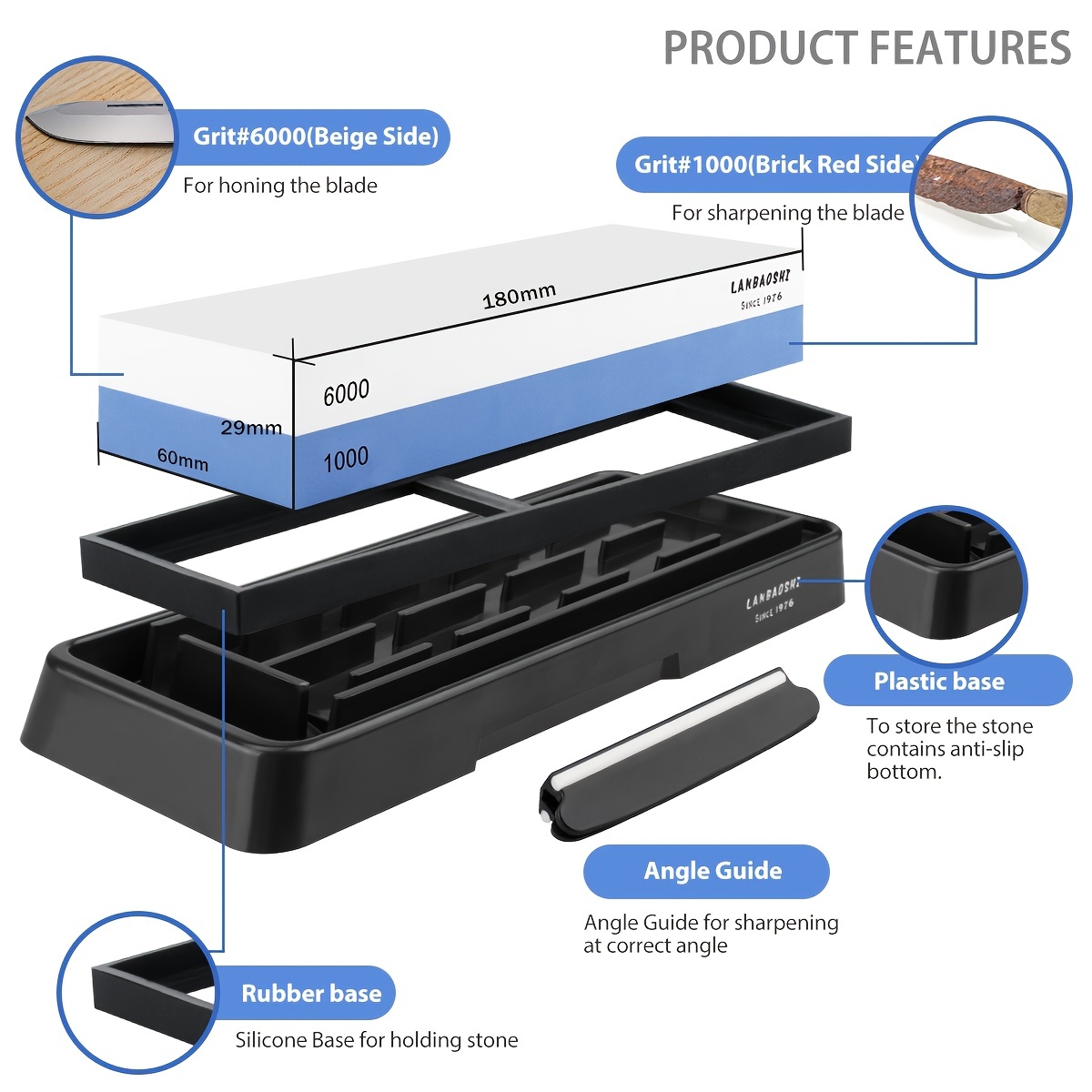 Knife Sharpening Stone, Whetstone Dual Sided 1000/6000 Grit Waterstone With  Non Slip Rubber Base Holder, Knife Sharpeners Tool Kit For Kitchen Hunting  - Temu