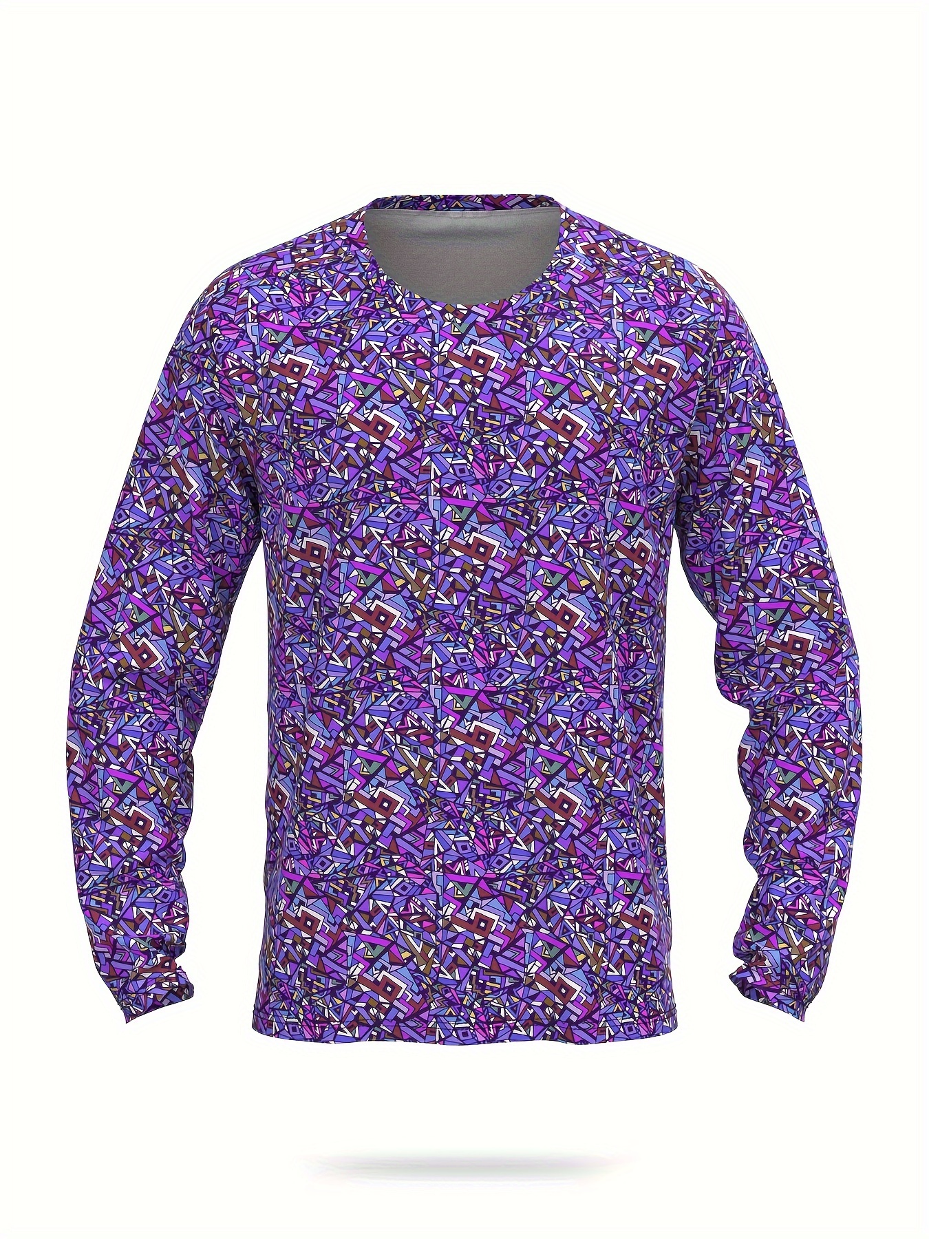 Men's Geometric Pattern UPF 50+ Sun Protection Shirt, Quick Dry Long Sleeve Rash Guard For Fishing Hiking Outdoor
