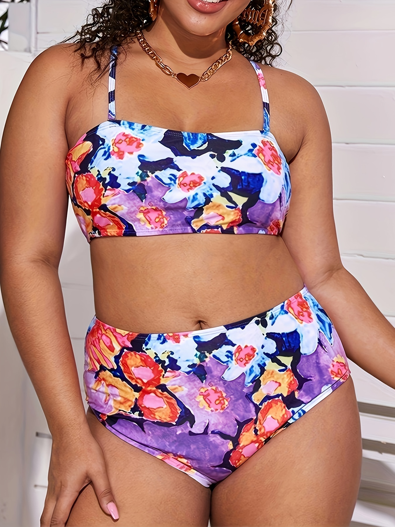 Plus Size Casual Swimsuit Set Women's Plus Fluid Floral - Temu
