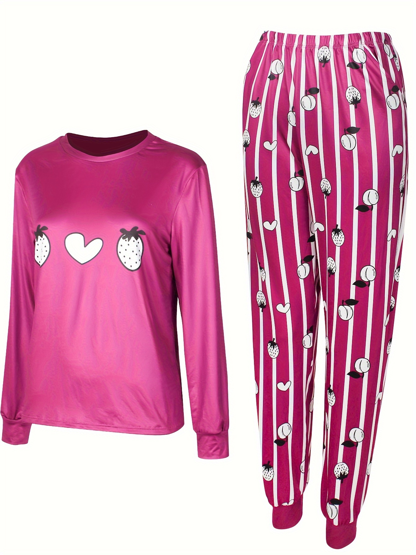 Strawberry Print Pajama Set, Long Sleeve Buttons Top & Elastic Waistband  Pants, Women's Sleepwear & Loungewear