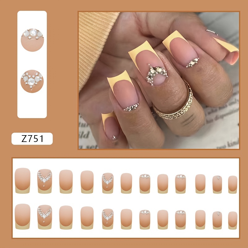 Neon Yellow Square Press On Nails Fake Medium Nail False Fashion 24 Pcs Set